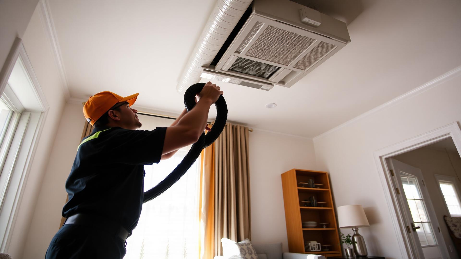 Technician cleaning residential air ducts